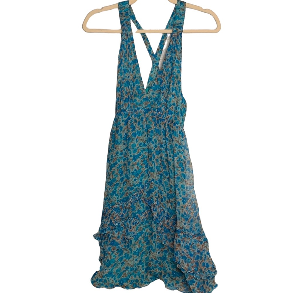 T27 MM Couture Miss Me 100% Silk Dress HalterTeal and Beige Ruffle Blue Size M